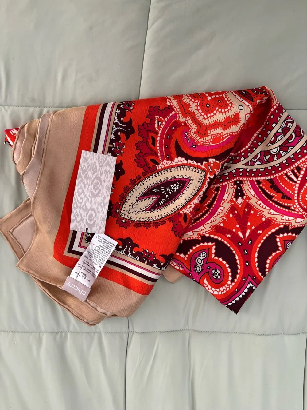 Chico's Red Paisley 100% Silk Square Scarf with Cream Border